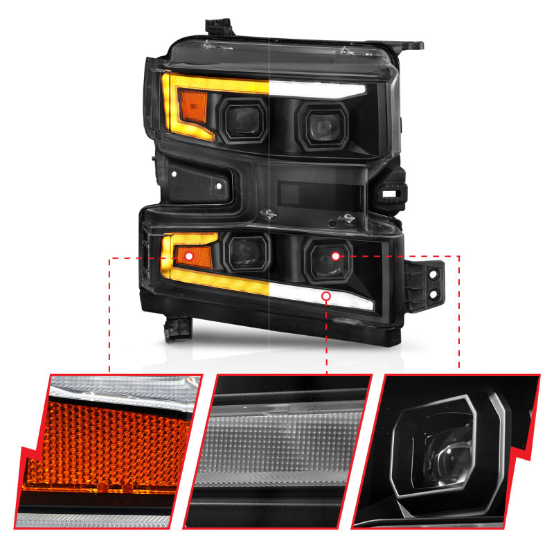 ANZO 19-22 Chevrolet Silverado 1500 LED Proj HL w/Lgt Bar SwBk Seq. Blk w/In. Light - Passenger Side