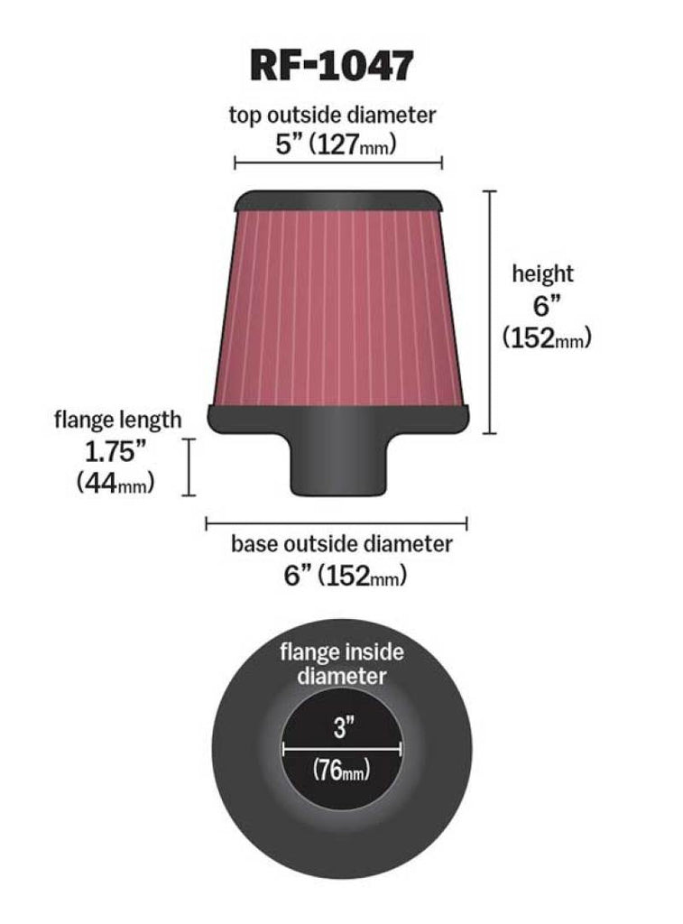 K&N Round Tapered Universal Air Filter 3 inch Flange 6 inch Base 5 inch Top 6 inch Height