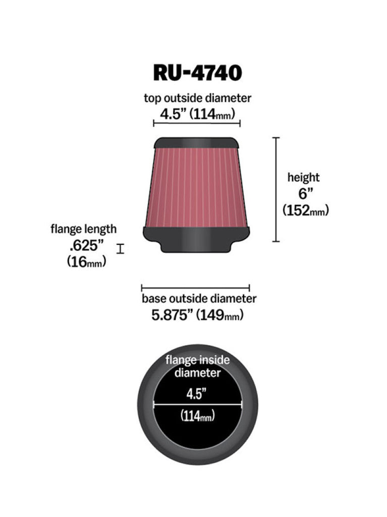 K&N Filter Universal Rubber Filter Round Tapered 4.5in  Flange 5.875in Base 4.5 inch Top 6in  Height