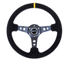 Load image into Gallery viewer, NRG Reinforced Steering Wheel (350mm / 3in. Deep) Blk Suede w/Circle Cut Spokes &amp; Single Yellow CM