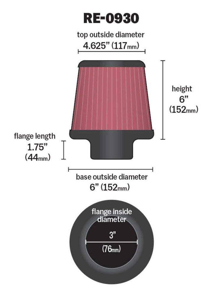 K&N Universal Rubber Filter - Round Tapered 6in Base OD x 3in Flange ID x 6in H